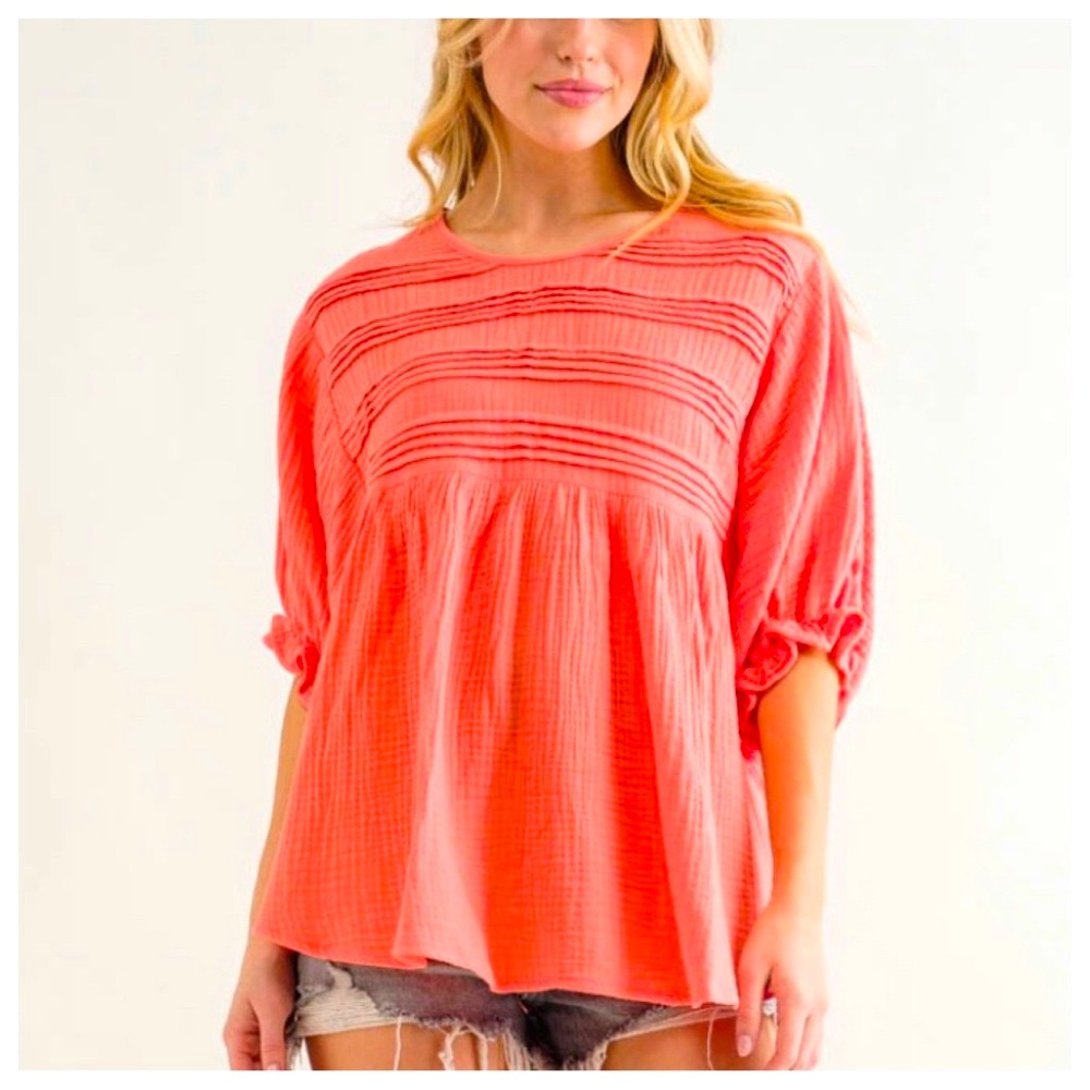 44 Boho Puff short sleeve bold rib detail cotton tunic
